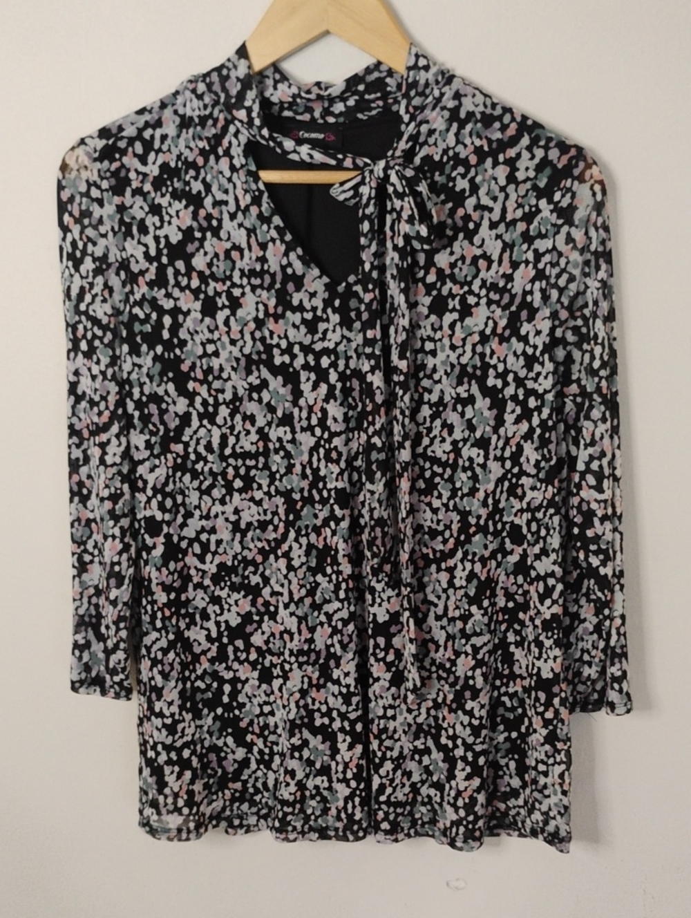 Cocomo Black Tie-Neck Blouse with Pastel Dot Print Medium